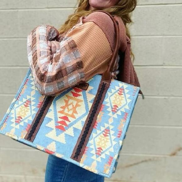 NEW Wrangler Southwestern Aztec Print Canvas Large Tote Shoulder Bag Light Blue - Picture 4 of 8